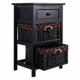 3-Tier 1-Drawer  End Table | Night Stand with 2 Wicker Baskets - Set of 2 in Black