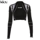 Kliou women fitness sporting two pieces set letter print turtleneck top leggings striped patchwork 2020