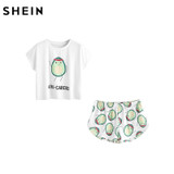 SHEIN Casual Womens 2PCS Sets 2020 Cartoon Avocado Print and Elastic Waist Shorts Set