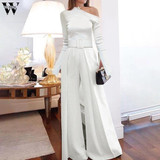 Womail Women Elegant one shoulder Rompers white Overall Long Sleeve Wide Leg Long