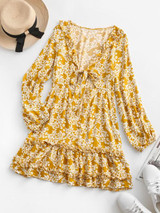 Floral Tie Front Ruffles Long Sleeve Dress