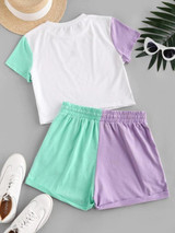 Drawstring Colorblock Embroidered Two Piece Set