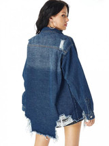 Distressed Pocket Drop Shoulder Long Denim Coat