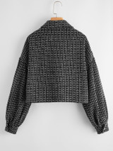 Drop Shoulder Flap Pocket Grid Tweed Jacket
