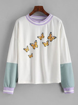Drop Shoulder Butterfly Print Colorblock Sweatshirt