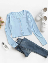 Ribbed Lettuce Trim Button Up T-shirt