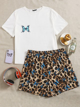 Plus Butterfly Print Top & Leopard Shorts PJ Set