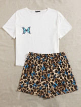 Plus Butterfly Print Top & Leopard Shorts PJ Set