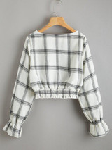Button Front Bell Sleeve Shirred Tight Hem Plaid Top