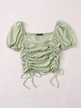 Ruched Drawstring Knot Shirred Crop Top