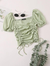 Ruched Drawstring Knot Shirred Crop Top