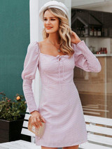 Gingham Tie Front Gigot Sleeve Dress