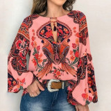 Floral Print Lantern Sleeve Shirt Sexy Lace-up Tassel O Neck Women Tops Spring