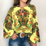 Floral Print Lantern Sleeve Shirt Sexy Lace-up Tassel O Neck Women Tops Spring
