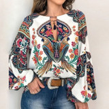 Floral Print Lantern Sleeve Shirt Sexy Lace-up Tassel O Neck Women Tops Spring