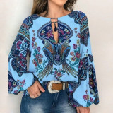 Floral Print Lantern Sleeve Shirt Sexy Lace-up Tassel O Neck Women Tops Spring