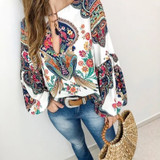 Floral Print Lantern Sleeve Shirt Sexy Lace-up Tassel O Neck Women Tops Spring