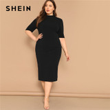 SHEIN Classy Black Plus Size Mock-neck Solid Pencil Slim Dress