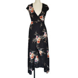 Long Summer Beach Dress Women Sexy Deep V Floral Chiffon Maxi Dress Front Split