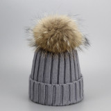 Real Fur Winter Hat Raccoon Pom Pom Hat For Women Brand Thick Women Hat Girls Caps Knitted Beanies Cap