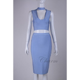 new hot sky blue khaki pink blue choker deep v neck two piece set celebrity party dress knee length sexy bandage dresses 2016