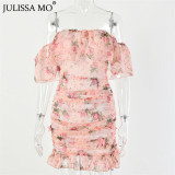 Floral Print Sexy Boho Off Shoulder Bodycon Mini Dress