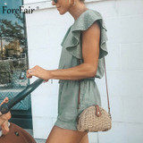 Cotton Linen Ruffle Tunic Green Elastic Waist Casual Jumpsuit