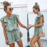 Cotton Linen Ruffle Tunic Green Elastic Waist Casual Jumpsuit