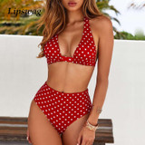 Sexy High Waist Dot Print Halter Push Up Bikini set