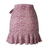 Multi Dot Print Short Mini Ruffle High Waist Bow Tie Skirt