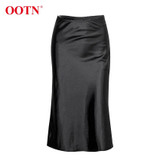 Casual Silk Black Knee-Length Office Lady High Waist Elegant Satin Skirt