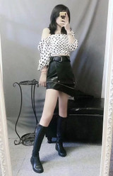Sexy Asymmetry fur leather Zipper punk rock belt mini skirt