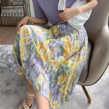 Elegant Floral Print Chiffon Tulle Long Pleated Skirt