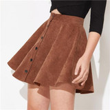 Solid Button Front Corduroy Casual Skirt