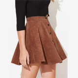 Solid Button Front Corduroy Casual Skirt