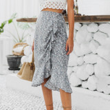 Vintage high waist women Drawstring floral print boho skirt