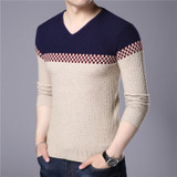 Casual Color Patchwork V-neck Pullover Men Slim Fit Cotton Sweater