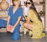 Vintage V Neck women Retro Yellow Floral Print Chiffon midi dress