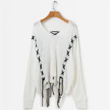 Pullover Knitted Contrast Lace Up V Neck Loose Oversized Knit Sweater Pullover Knitted Contrast Lace Up V Neck Loose Oversized Knit Sweater