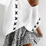Pullover Knitted Contrast Lace Up V Neck Loose Oversized Knit Sweater Pullover Knitted Contrast Lace Up V Neck Loose Oversized Knit Sweater