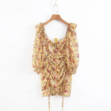 Boho floral print sexy lace up bow yellow dress