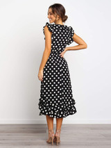 Elegant Polka Dot Ruffles Sleeve V-Neck Sexy High Waist Sashes Maxi Dresses