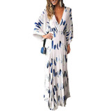 Floral Print Dress Bohemian  Vintage V Neck Flare Sleeve Maxi Long Dress