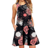 Summer Casual Sleeveless Floral Printed Swing Dress Sundress