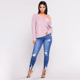 High Waist Slim Hole Ripped Denim Jeans
