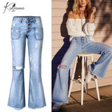 High Waist Women Flare Jeans Bell Bottom Ripped Jeans