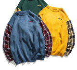 Fashion Round Neck Plaid Patchwork Knitted Casual Male Sweater