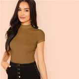 Casual Rib Knit Round Neck Slim Fit Women T-Shirt