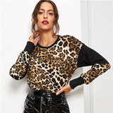 Leopard Print Color Block Round Neck Women Sweatshirts