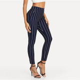Vertical Striped Mid Waist Skinny Women Pants